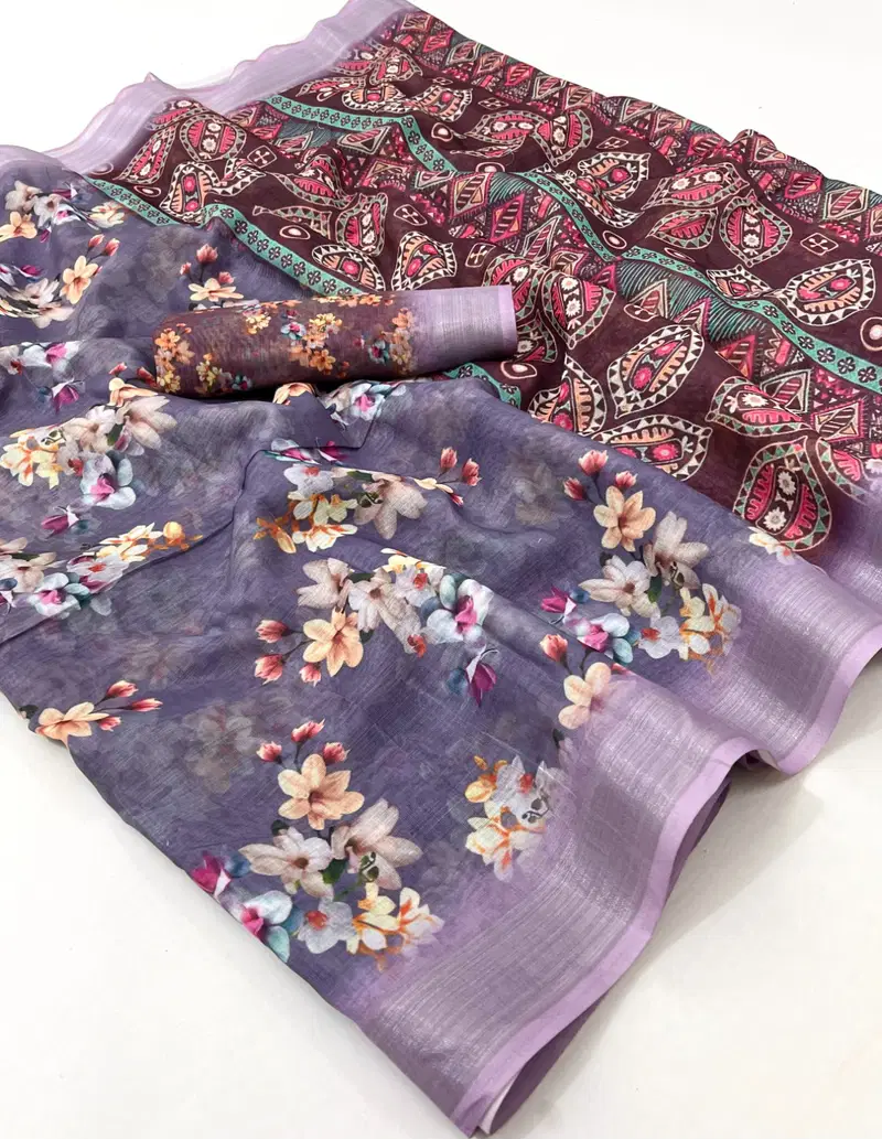 SRC Pure Linen Silver Jari Digital Printed Sarees Wholesale Market In Surat
